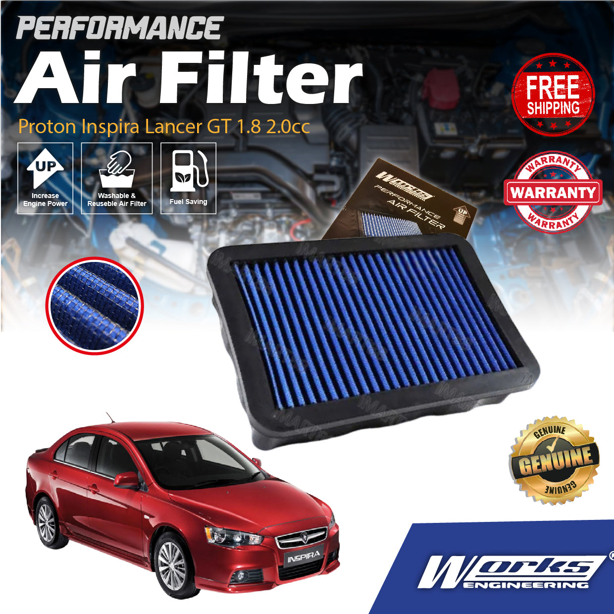 Works Engineering Air Filter Proton Inspira Lancer GT 1.8 2.0cc Drop In Performance Penapis Udara Enjin Mitsubish HP+
