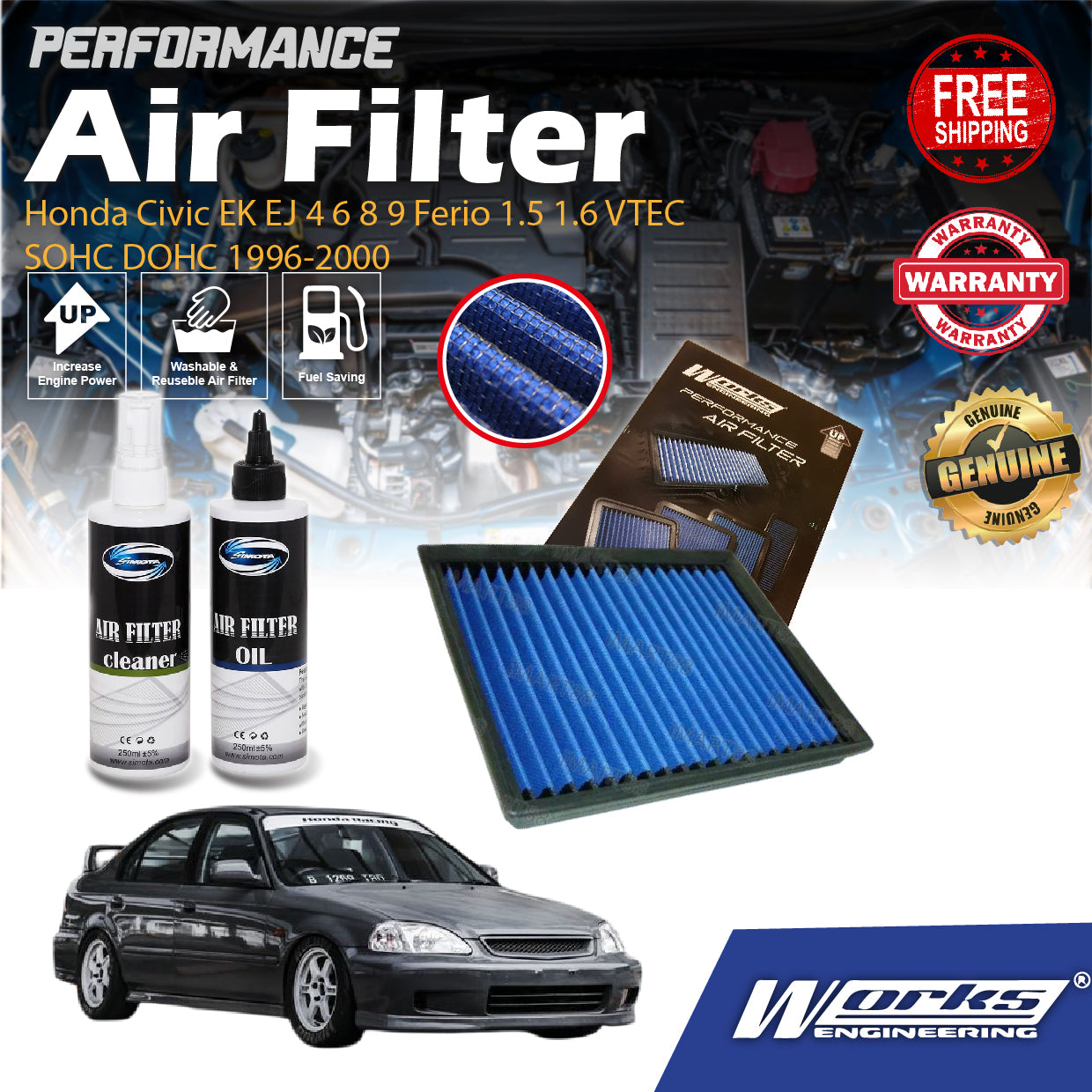 Works Engineering Air Filter Honda Civic EK EJ 4 6 8 9 Ferio 1.5 1.6 VTEC SOHC DOHC 1996-2000 Filter Cleaner Oil