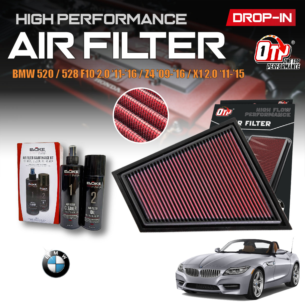 OTP Washable Drop In Air Filter BMW F10 520i 528i X1 E84 XDRIVE28i Z4 09-16 Engine Performance Penapis Enjin