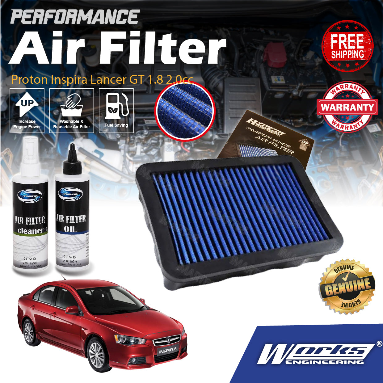 Works Engineering Air Filter Proton Inspira Lancer GT 1.8 2.0cc Drop In Performance Penapis Udara Enjin Mitsubish HP+