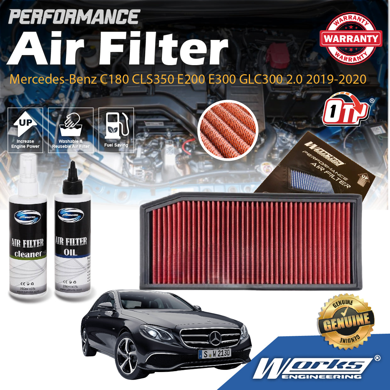 Works Engineering Air Filter For Mercedes-Benz C180 CLS350 E200 E300 GLC300 2.0 2019-2020 WS-FM-017(Red)
