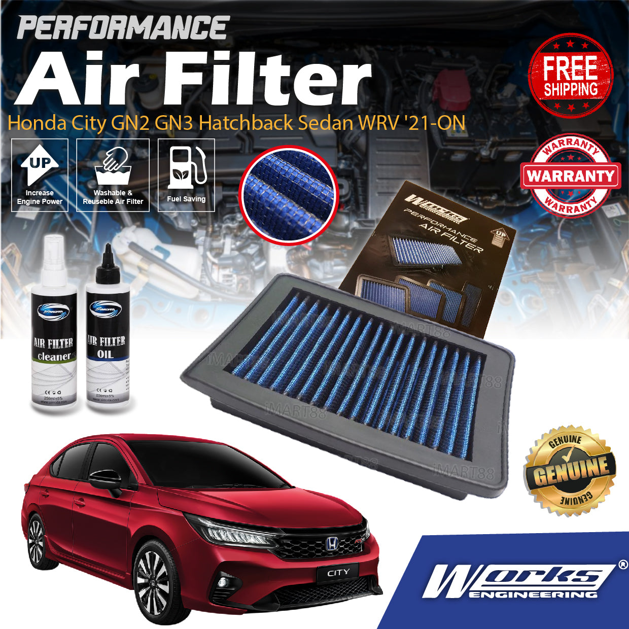 Works Engineering Drop In Air Filter Honda City GN2 GN3 Hatchback Sedan WRV '21-ON Element Enjin Engin Penapis Udara