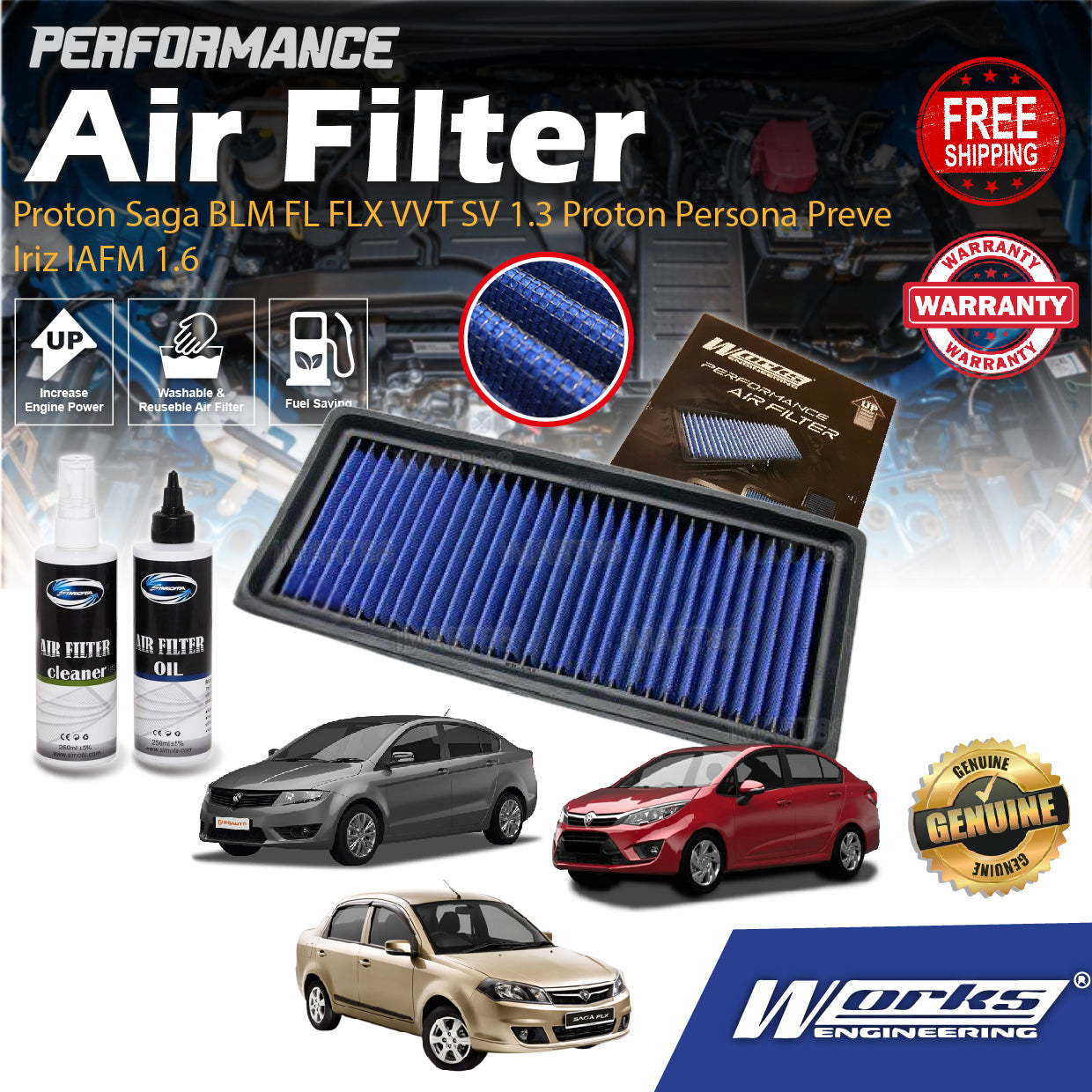 Works Engineering Air Filter Proton Saga BLM FL FLX VVT SV 1.3 Proton Persona Preve Iriz IAFM 1.6 Drop In Performance