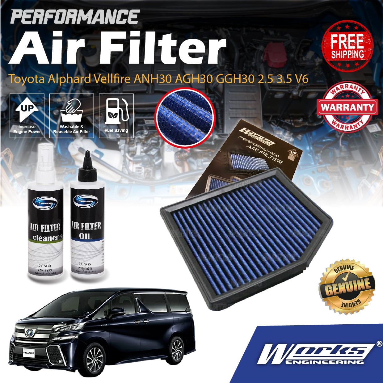 Works Engineering Air Filter Toyota Alphard Vellfire ANH30 AGH30 GGH30 2.5 3.5 V6 Executive Lounge ZG ZA SC Cleaner Oil