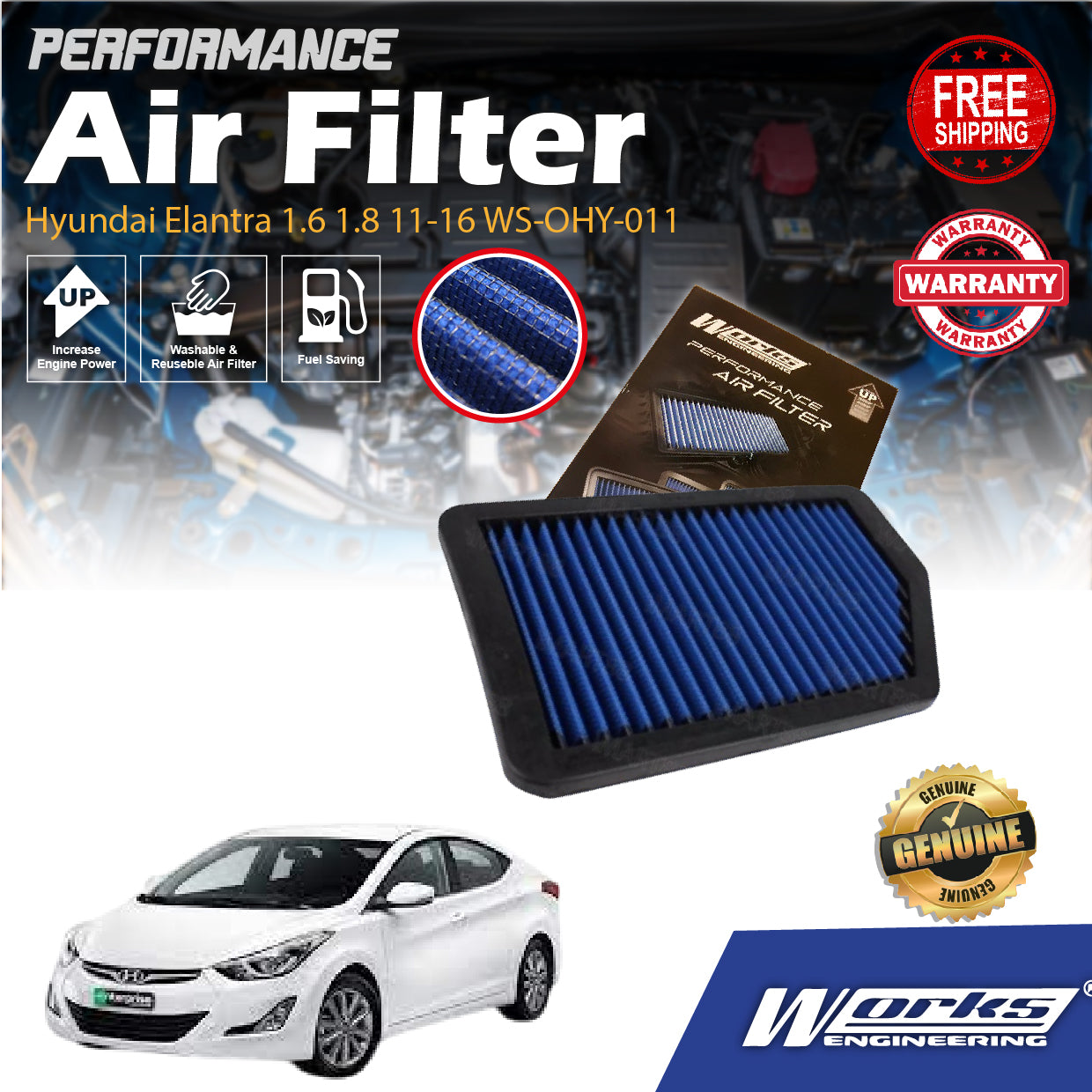 Works Engineering Drop In Air Filter Hyundai Elantra 1.6 1.8 11-16 WS-OHY-011 PERFORMANCE Element Enjin Engin