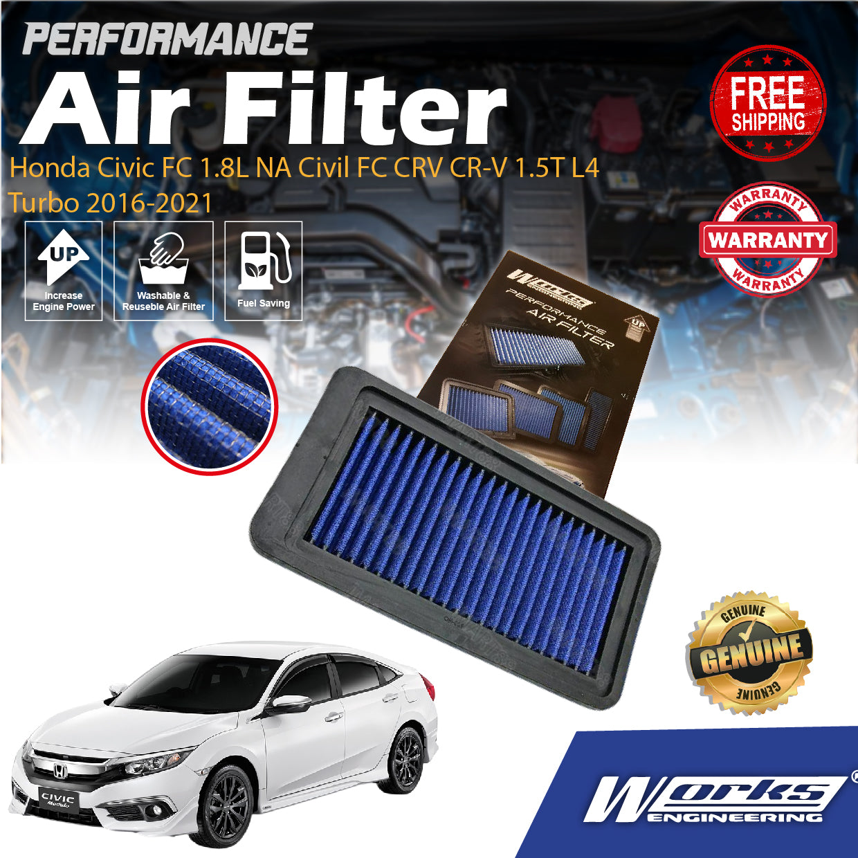 Works Engineering Air Filter Honda Civic FC 1.8L NA Civil FC CRV CR-V 1.5T L4 Turbo 2016-2021 Cleaner Oil