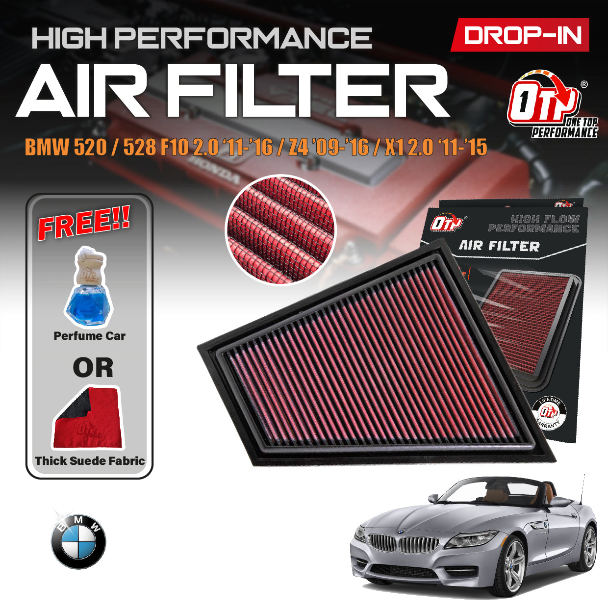 OTP Washable Drop In Air Filter BMW F10 520i 528i X1 E84 XDRIVE28i Z4 09-16 Engine Performance Penapis Enjin
