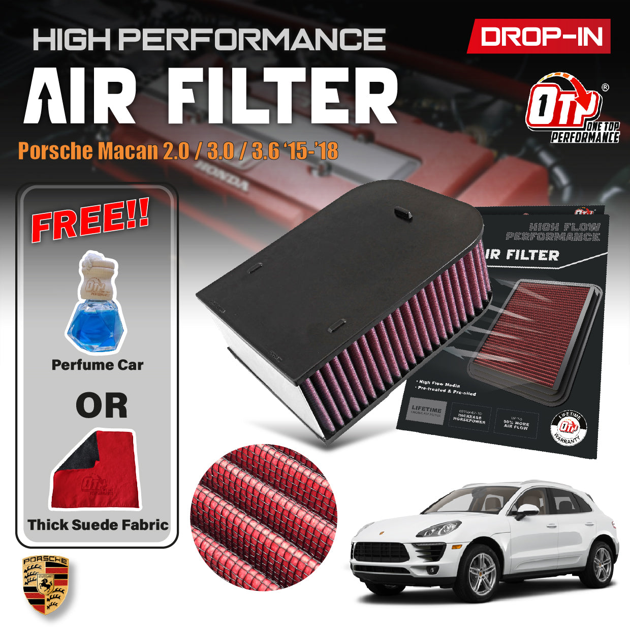 OTP Washable Drop In Air Filter Performance Porsche Macan 2.0 3.0 3.6 15-18 Enjin Engin Penapis Udara E-0660