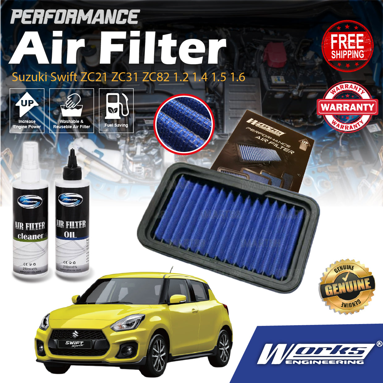 Suzuki Swift ZC21 ZC31 ZC82 1.2 1.4 1.5 1.6 Works Engineering Drop In Air Filter Element Enjin Engine 2004-2021 Penapis