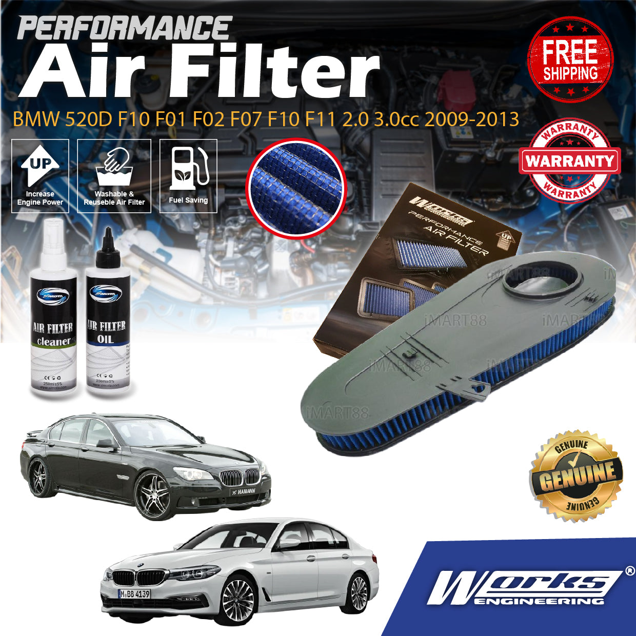 Works Engineering Drop In Air Filter BMW 520D F10 F01 F02 F07 F10 F11 2.0 3.0cc 2009-2013 Element Enjin Engin Penapis