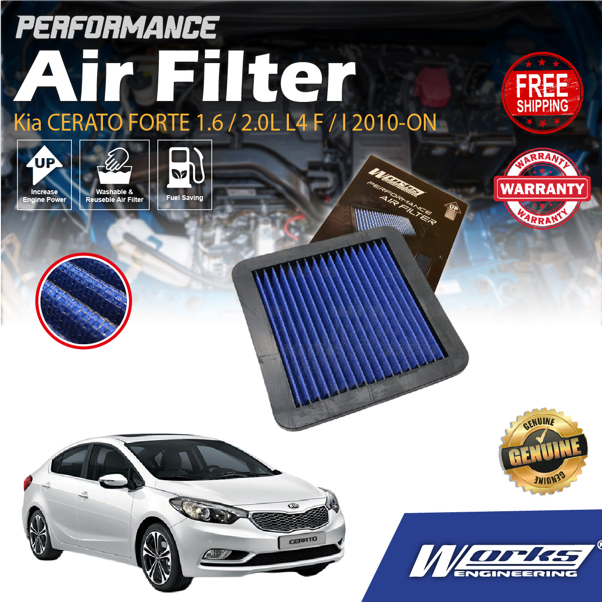 Works Engineering Drop In Air Filter Kia CERATO FORTE 1.6 / 2.0L L4 F / I 2010-ON Element Enjin Engin Penapis Cleaning