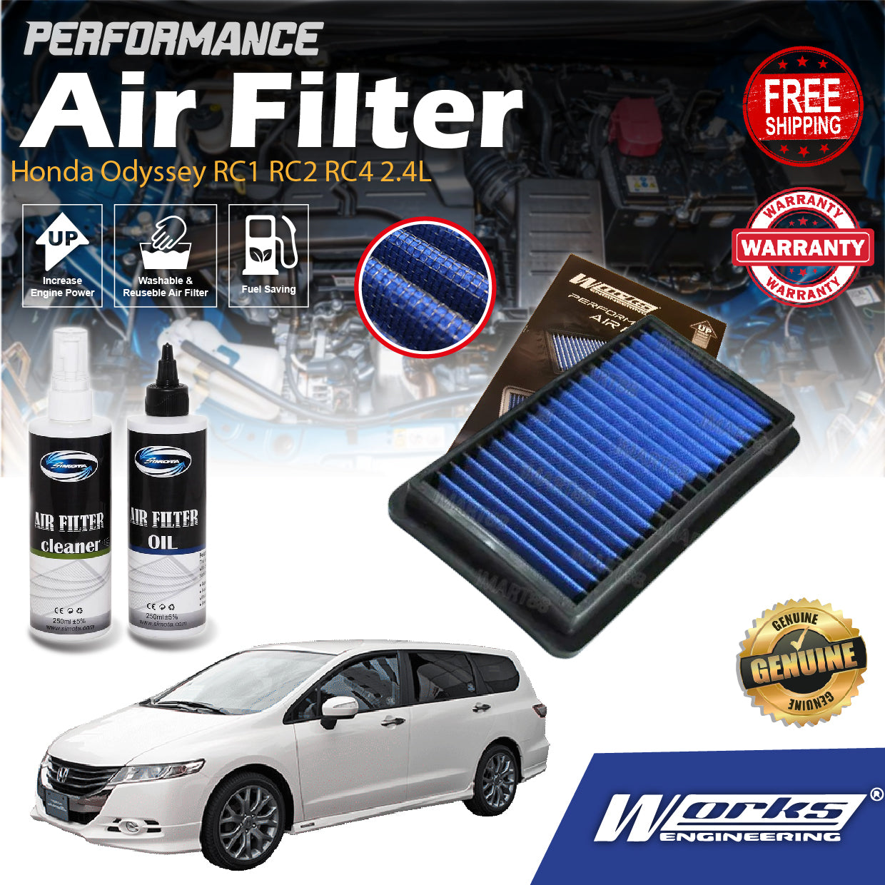 Works Engineering Air Filter Honda Odyssey RC1 RC2 RC4 2.4L Elysion 2014 2015 2016 2017 2018 2019 2020 Element Cleaning