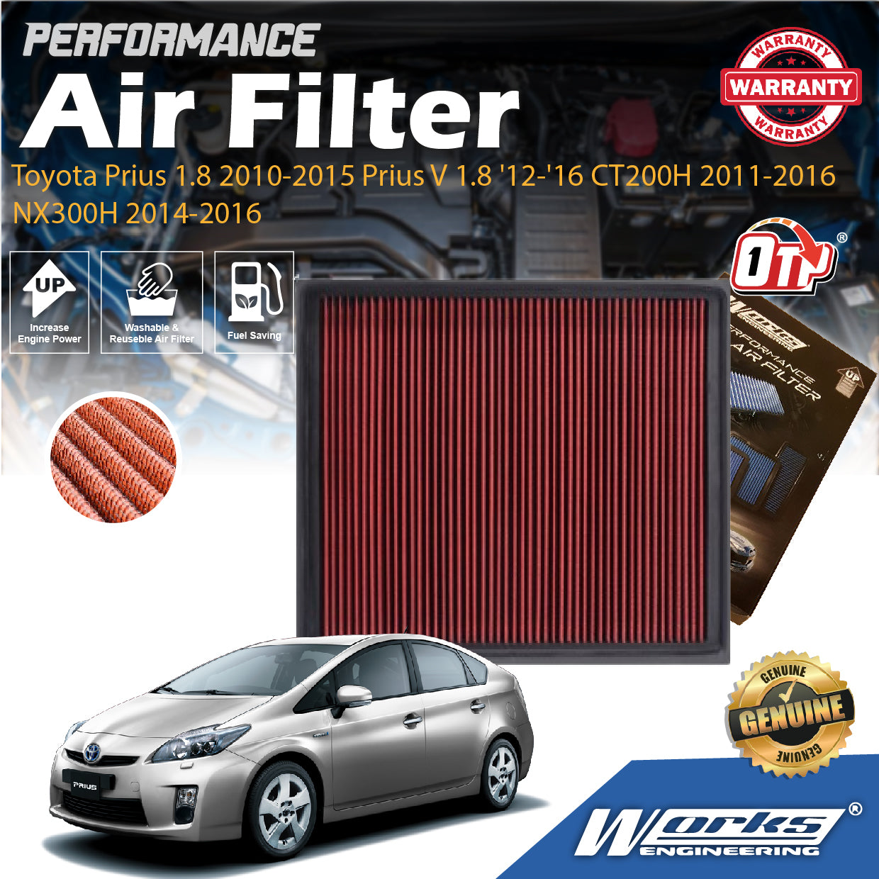 Works Engineering Air Filter Toyota Prius 1.8 2010-2015 Prius V 1.8 '12-'16 CT200H 2011-2016 NX300H 2014-2016 WS-FM-011