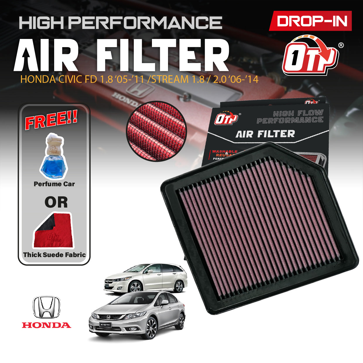OTP Washable Drop In Air Filter Performance Honda CIVIC FD 1.8 2.0 Element Enjin Engin Penapis Cleaning Engine