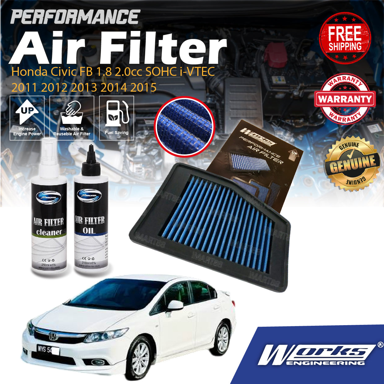 Works Engineering Air Filter Honda Civic FB 1.8 2.0cc SOHC i-VTEC 2011 2012 2013 2014 2015 Filter Cleaner Oil