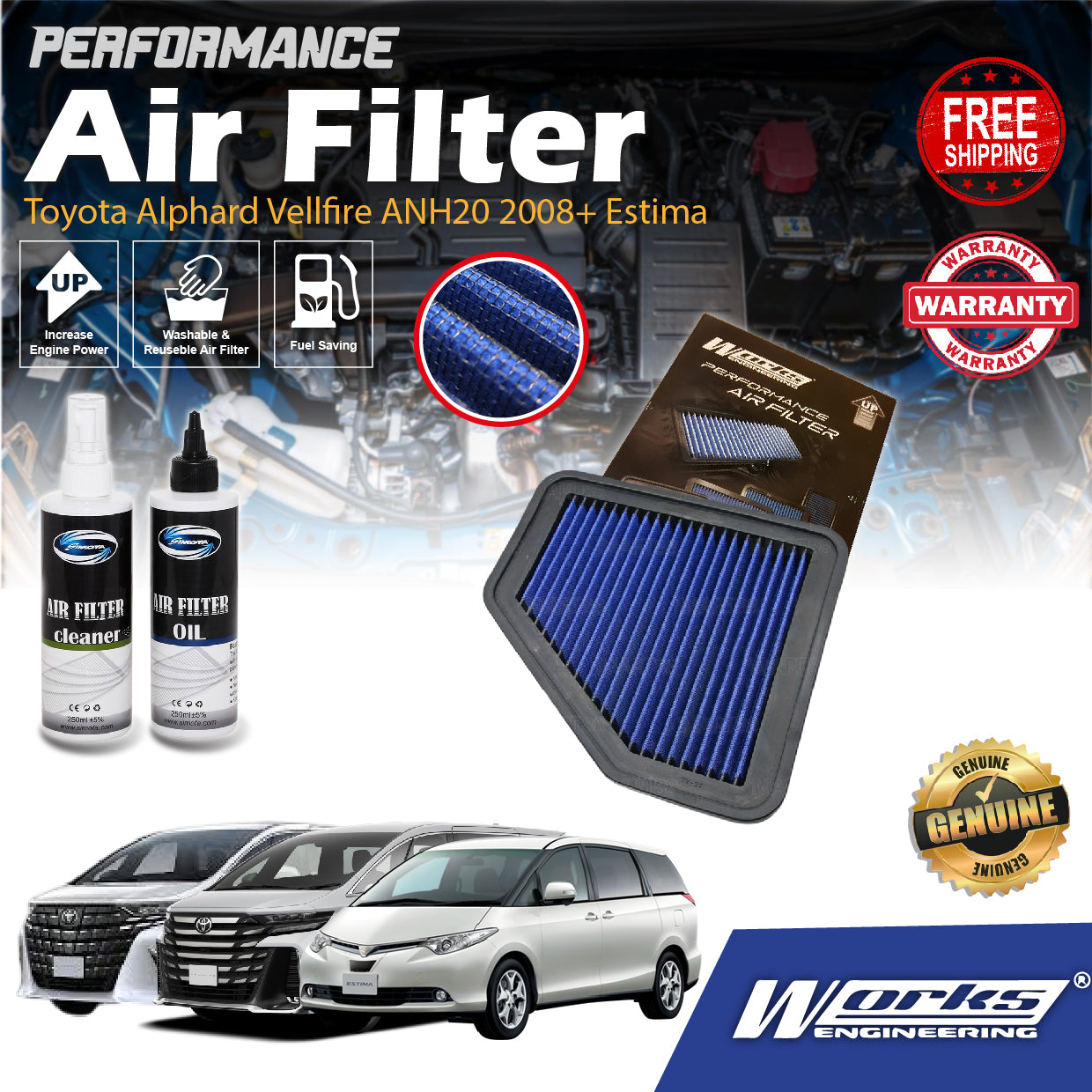 Works Engineering Drop In Air Filter Toyota Alphard Vellfire ANH20 2008+ Estima ACR50 2.0 2.4 3.5cc 2006-2016 Element