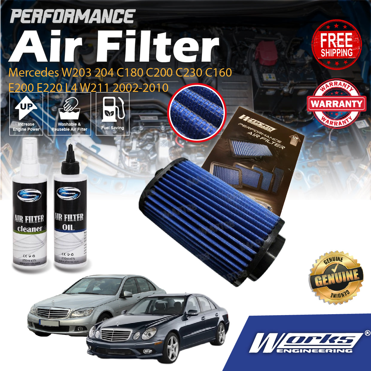 Works Engineering Air Filter Mercedes W203 204 C180 C200 C230 C160 E200 E220 L4 W211 2002-2010 Drop In Performance