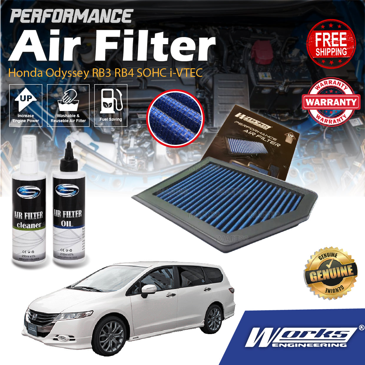 Works Engineering Air Filter Honda Odyssey RB3 RB4 SOHC i-VTEC 2008 2009 2010 2011 2012 2013 Filter Cleaning Oil