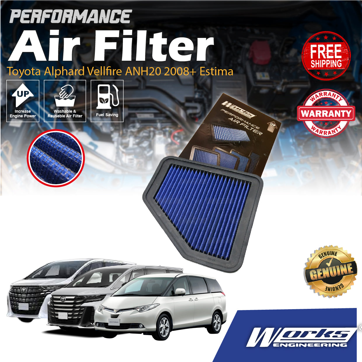 Works Engineering Drop In Air Filter Toyota Alphard Vellfire ANH20 2008+ Estima ACR50 2.0 2.4 3.5cc 2006-2016 Element
