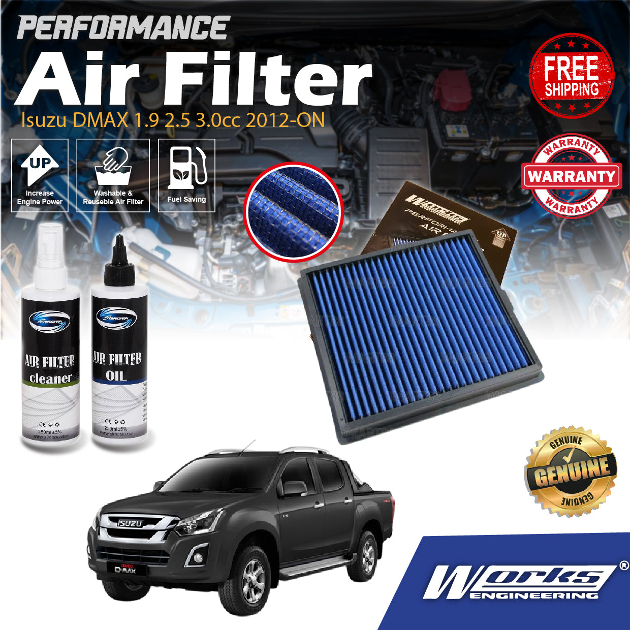 Works Engineering Drop In Air Filter Isuzu DMAX 1.9 2.5 3.0cc 2012-ON Element Enjin Engin Penapis Cleaning