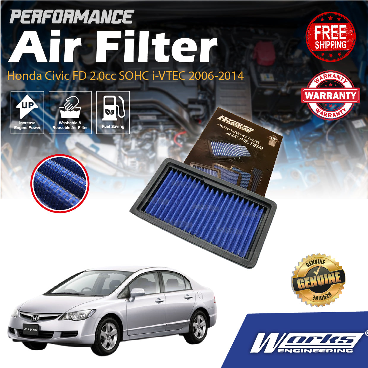 Works Engineering Air Filter Honda Civic FD 2.0cc SOHC i-VTEC 2006-2014 Filter Cleaner Oil Penapis Udara Enjin Engine