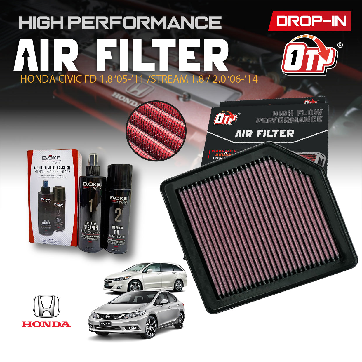 OTP Washable Drop In Air Filter Performance Honda CIVIC FD 1.8 2.0 Element Enjin Engin Penapis Cleaning Engine