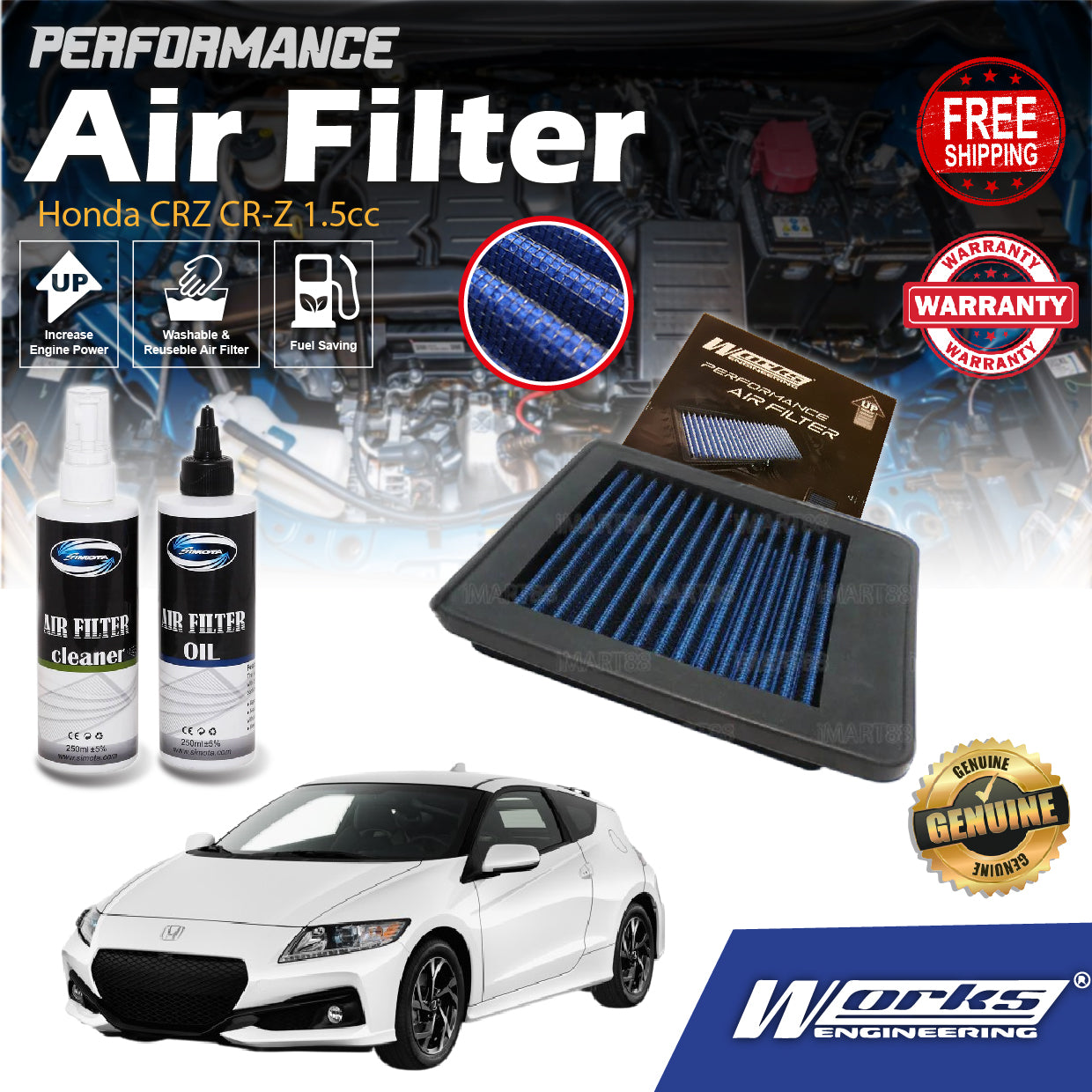 Works Engineering Air Filter Honda CRZ CR-Z 1.5cc 2010 2011 2012 2013 2014 2015 2016 Element Filter Cleaning Oil