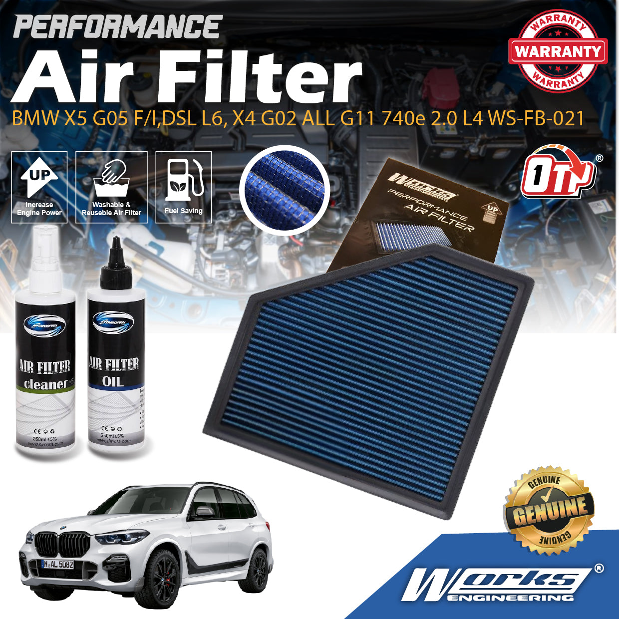 Works Engineering Air Filter Washable Fit For BMW X5 G05 F/I,DSL L6, X4 G02 ALL G11 740e 2.0 L4 WS-FB-021