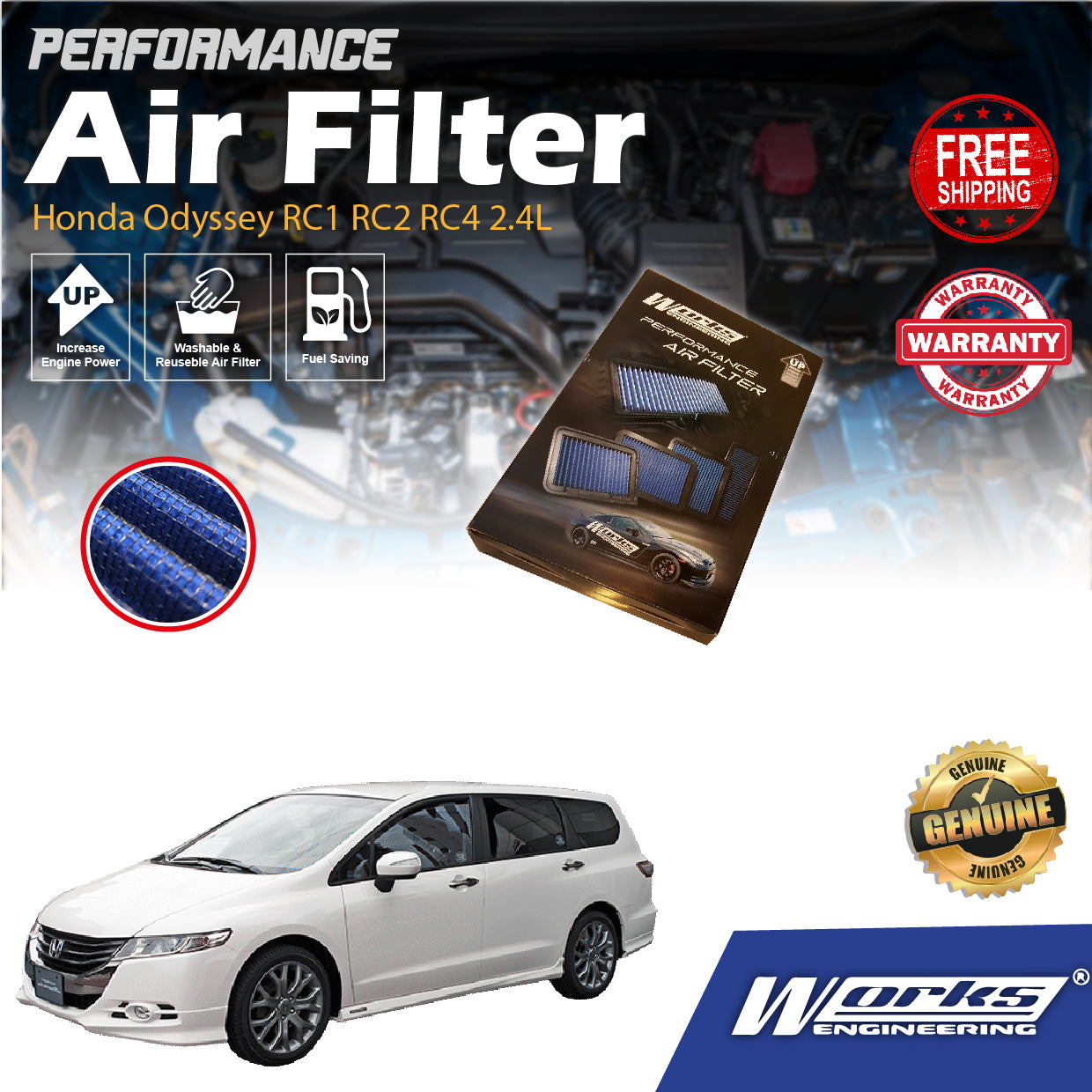 Works Engineering Air Filter Honda Odyssey RC1 RC2 RC4 2.4L Elysion 2014 2015 2016 2017 2018 2019 2020 Element Cleaning