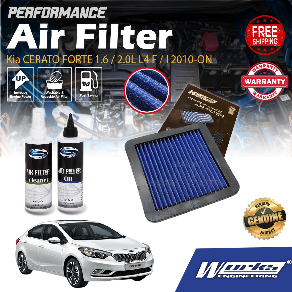 Works Engineering Drop In Air Filter Kia CERATO FORTE 1.6 / 2.0L L4 F / I 2010-ON Element Enjin Engin Penapis Cleaning
