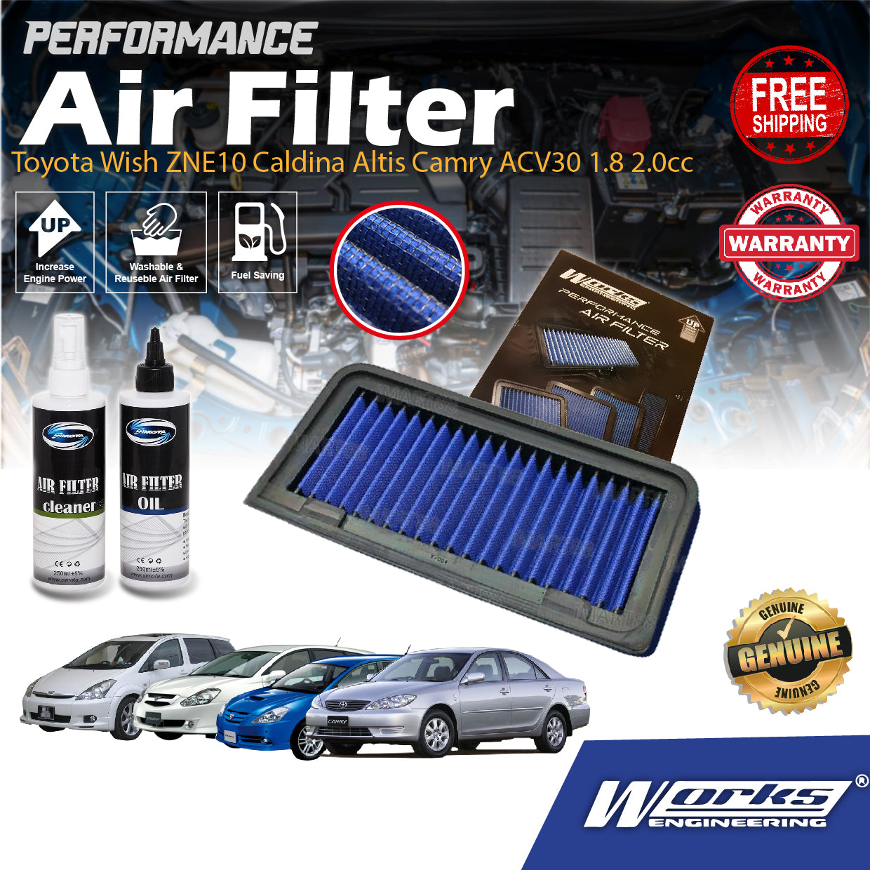 Works Engineering Drop In Air Filter Toyota Wish ZNE10 Caldina Altis Camry ACV30 1.8 2.0cc 2001- Element Enjin Engin