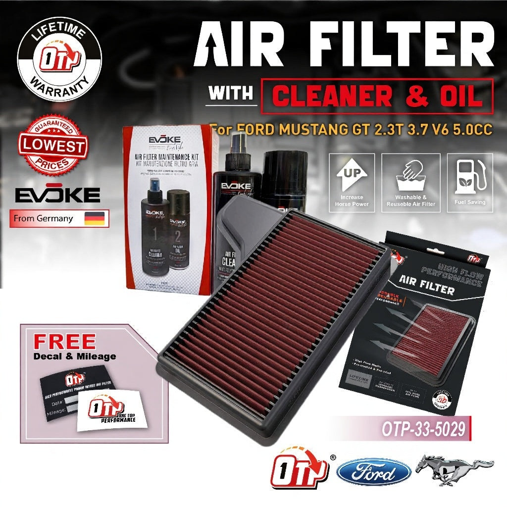 OTP DROP IN AIR FILTER PERFORMANCE FORD MUSTANG GT 5.0 2.3 Eco Boost 2016-23 ELEMENT ENJIN PENAPIS Udara WASHABLE
