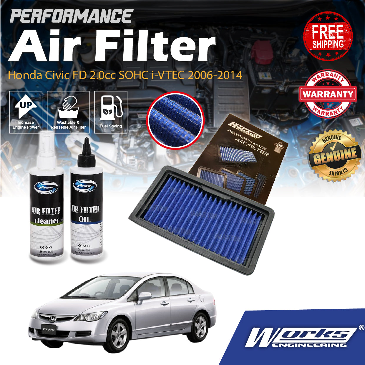 Works Engineering Air Filter Honda Civic FD 2.0cc SOHC i-VTEC 2006-2014 Filter Cleaner Oil Penapis Udara Enjin Engine