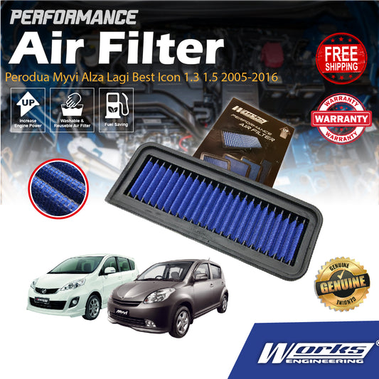 Perodua Myvi Alza Lagi Best Icon 1.3 1.5 2005-2016 Works Engineering Drop In Air Filter Performance Washable Add HP+
