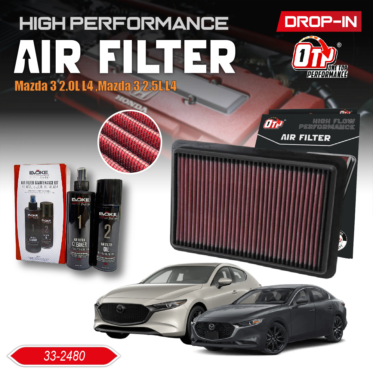 OTP Performance Drop In Air Filter 33-2480 Mazda 3 2.0L L4 ,Mazda 3 2.5L L4 Washable Penapis udara Enjin Kereta