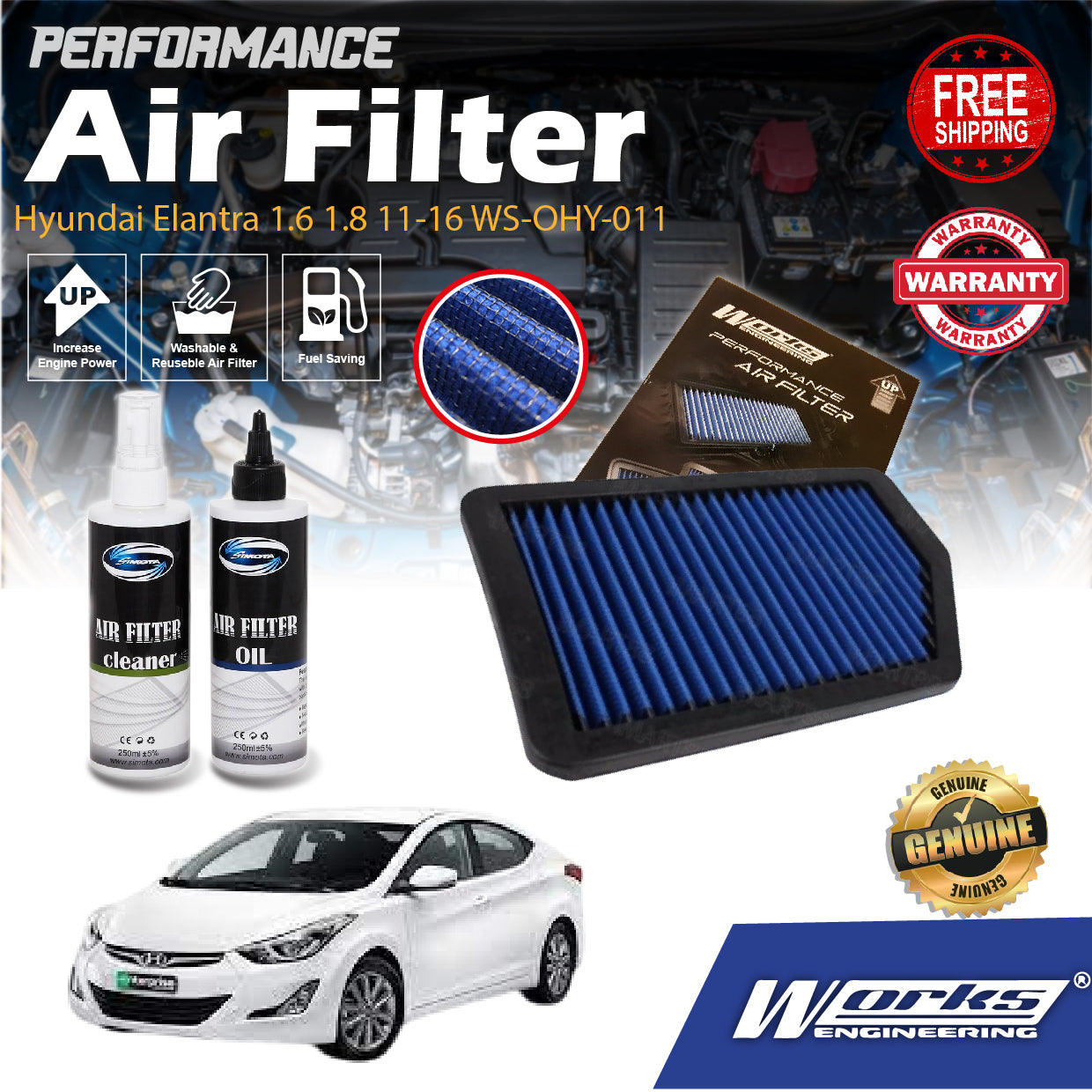Works Engineering Drop In Air Filter Hyundai Elantra 1.6 1.8 11-16 WS-OHY-011 PERFORMANCE Element Enjin Engin