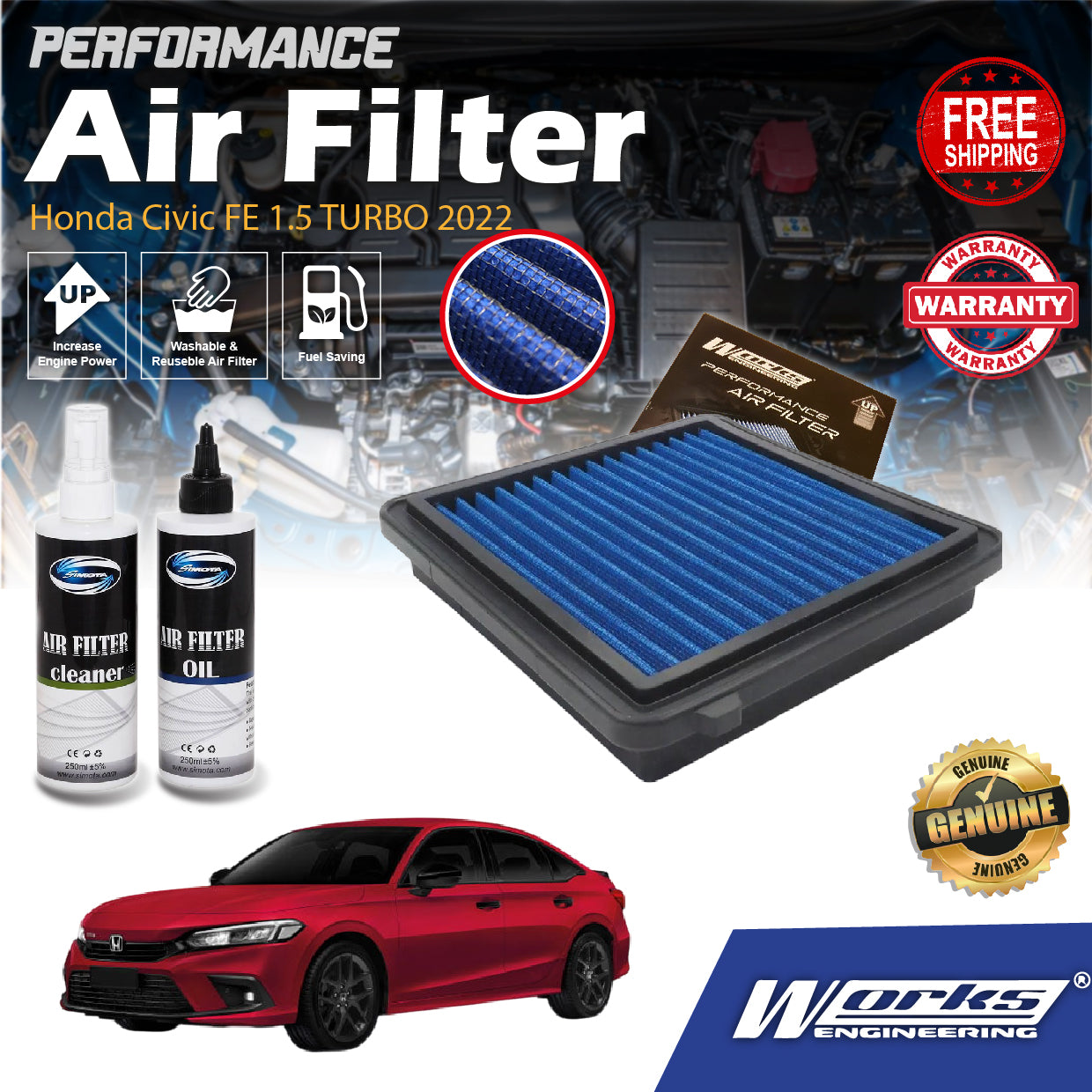 Honda Civic FE 1.5 TURBO 2022 Works Engineering Drop In Air Filter WS-RH-006 PERFORMANCE Enjin Engin Penapis Udara POWER