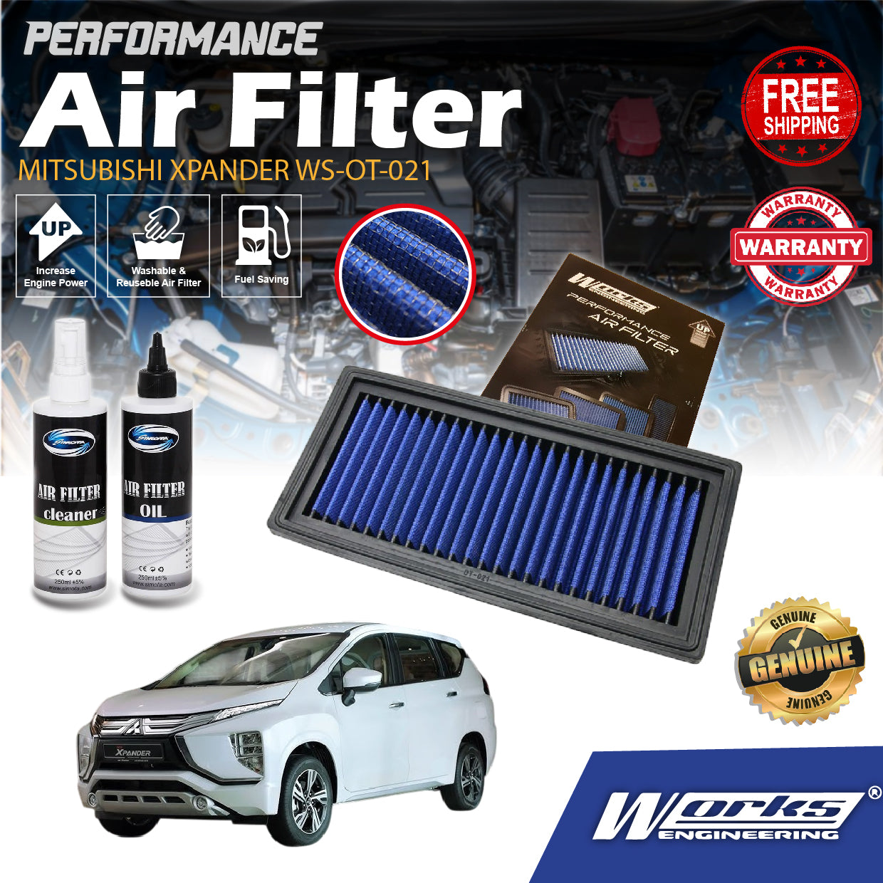 Works Engineering Drop In Air Filter MITSUBISHI XPANDER WS-OT-021 PERFORMANCE Element Enjin Engin Penapis Udara POWER