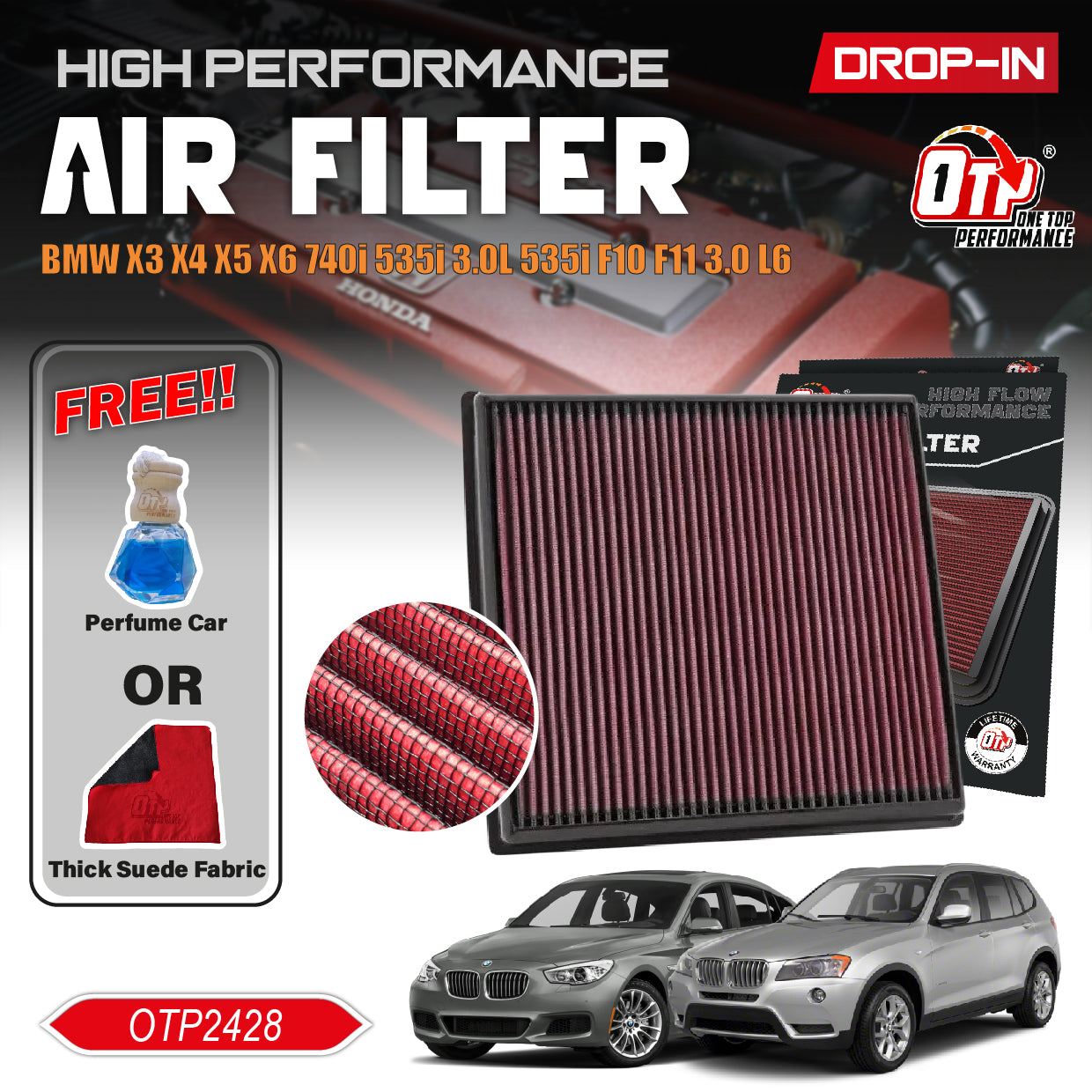 OTP Performance BMW X3 X4 X5 X6 740i 535i 3.0L 535i F10 F11 3.0 L6 K&N Drop in Air Filter 33-2428 Penapis Enjin