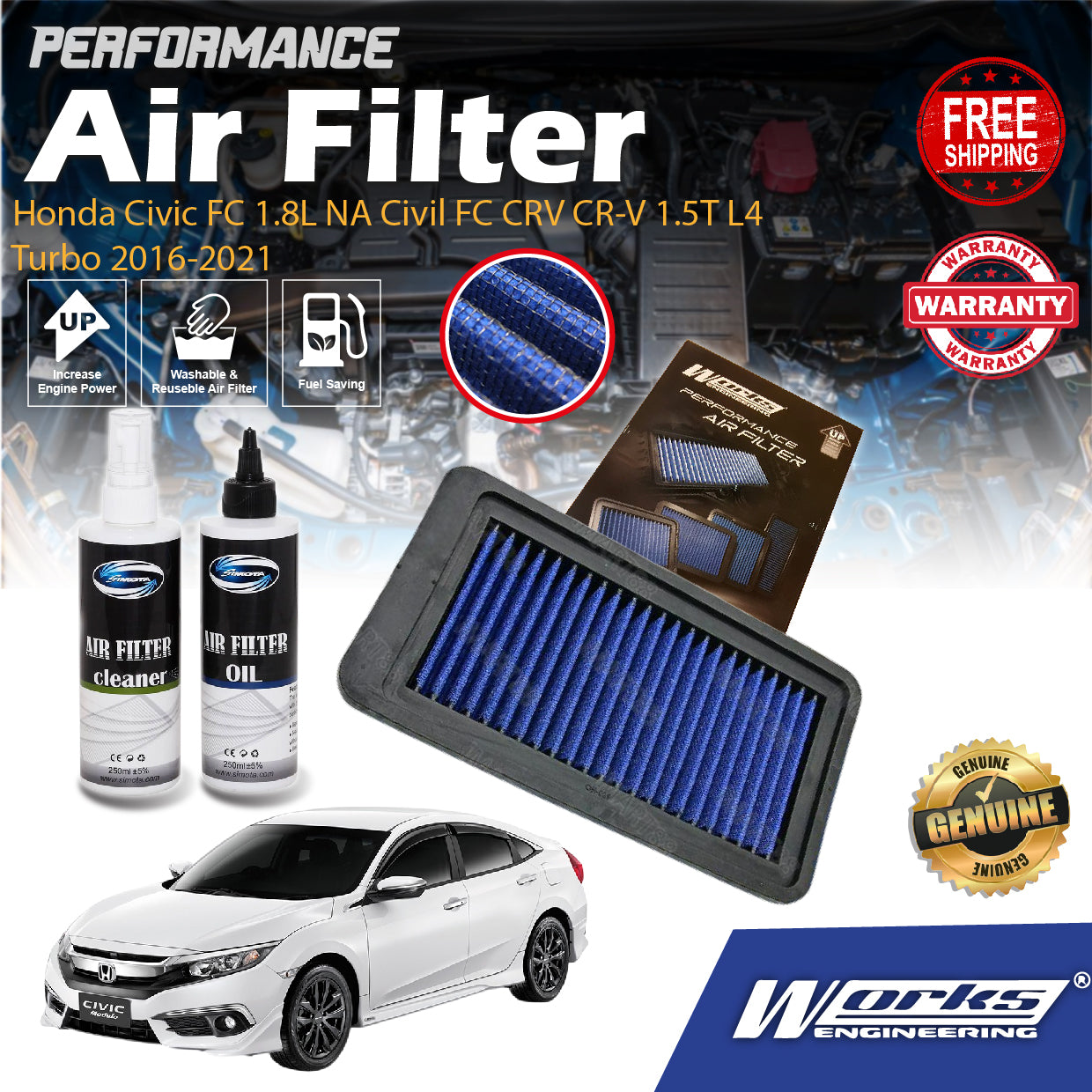 Works Engineering Air Filter Honda Civic FC 1.8L NA Civil FC CRV CR-V 1.5T L4 Turbo 2016-2021 Cleaner Oil