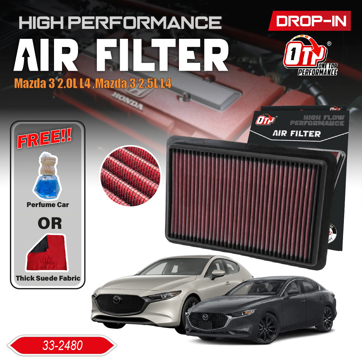 OTP Performance Drop In Air Filter 33-2480 Mazda 3 2.0L L4 ,Mazda 3 2.5L L4 Washable Penapis udara Enjin Kereta