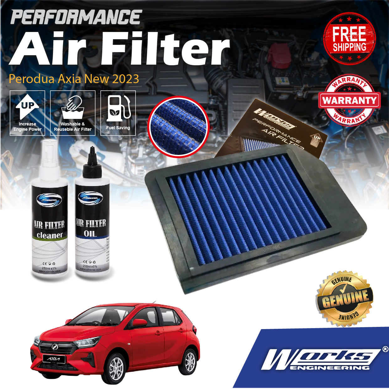 Works Engineering Drop In Air Filter Perodua Axia New 2023 Element Performance Enjin Engin Penapis Udara WS-OPE-004