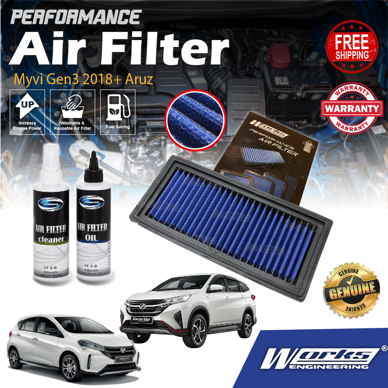 Perodua New Myvi Gen3 2018+ Aruz Toyota Vios NCP150 Yaris  Rush Works Engineering Drop In Air Filter Enjin Engine OT-021