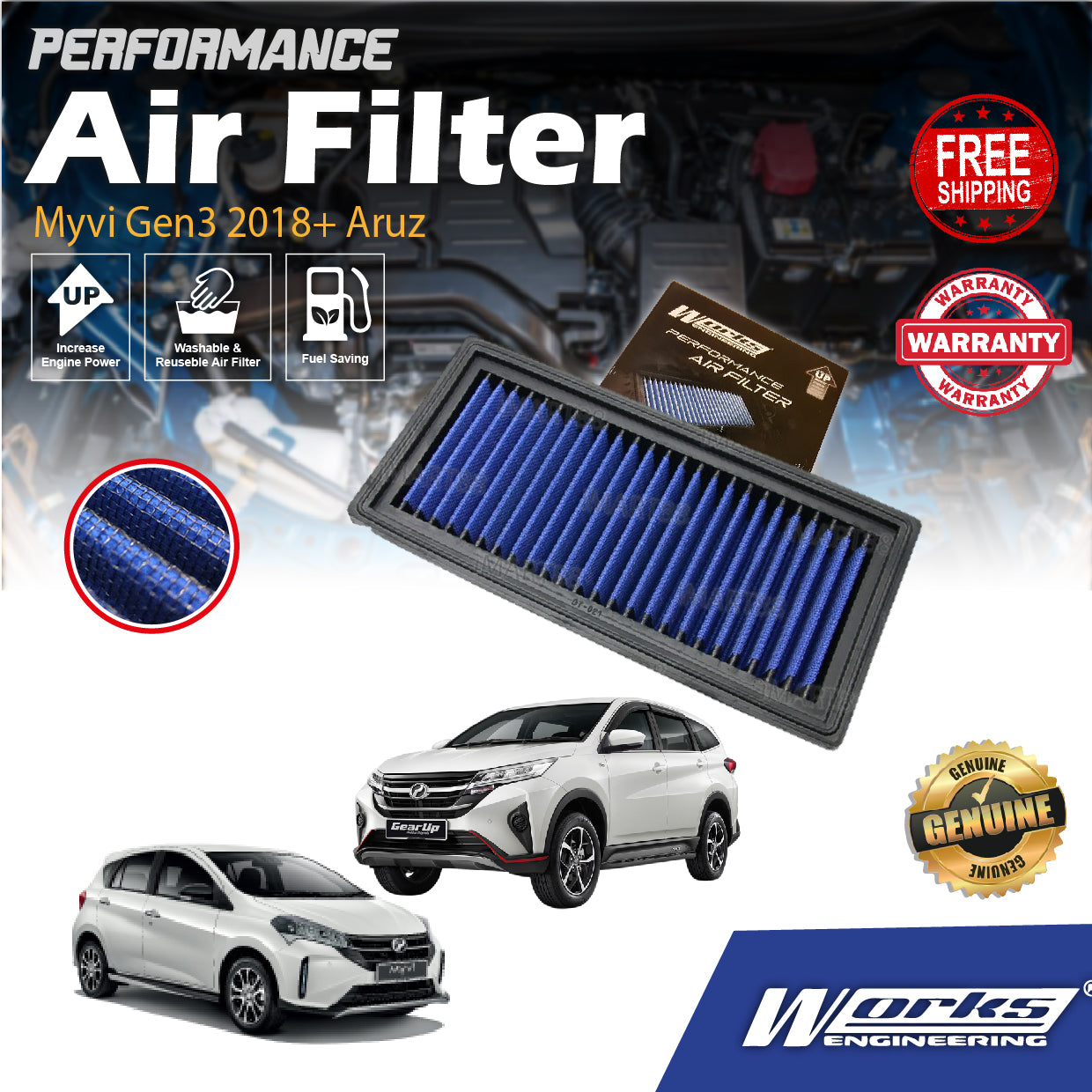 Perodua New Myvi Gen3 2018+ Aruz Toyota Vios NCP150 Yaris  Rush Works Engineering Drop In Air Filter Enjin Engine OT-021