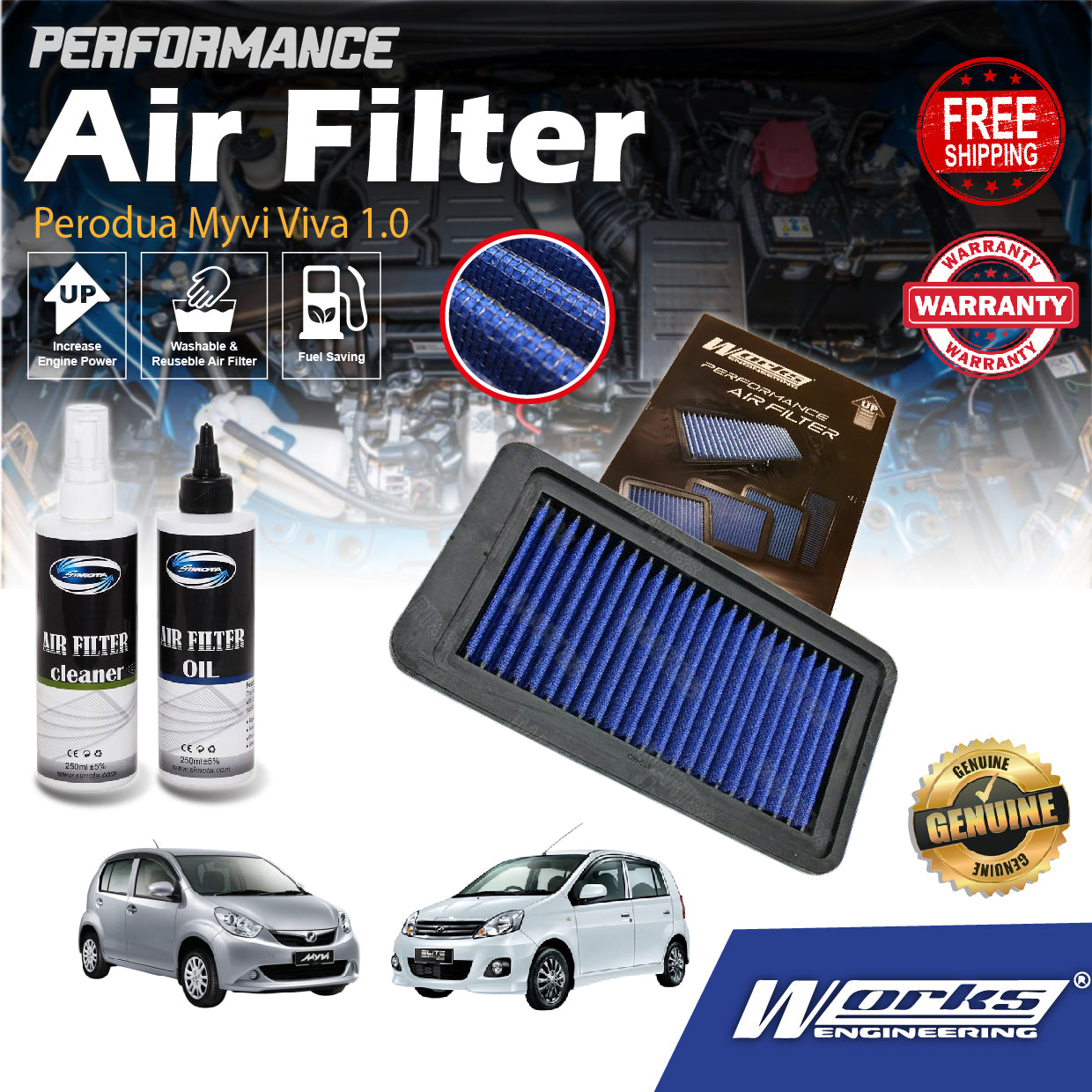 Add HP+ Works Engineering Drop In Air Filter Perodua Myvi Viva 1.0 Old High Performance Washable Simota Penabis Udara