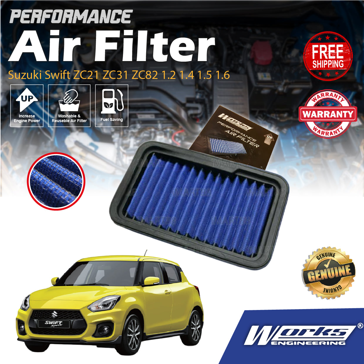 Suzuki Swift ZC21 ZC31 ZC82 1.2 1.4 1.5 1.6 Works Engineering Drop In Air Filter Element Enjin Engine 2004-2021 Penapis