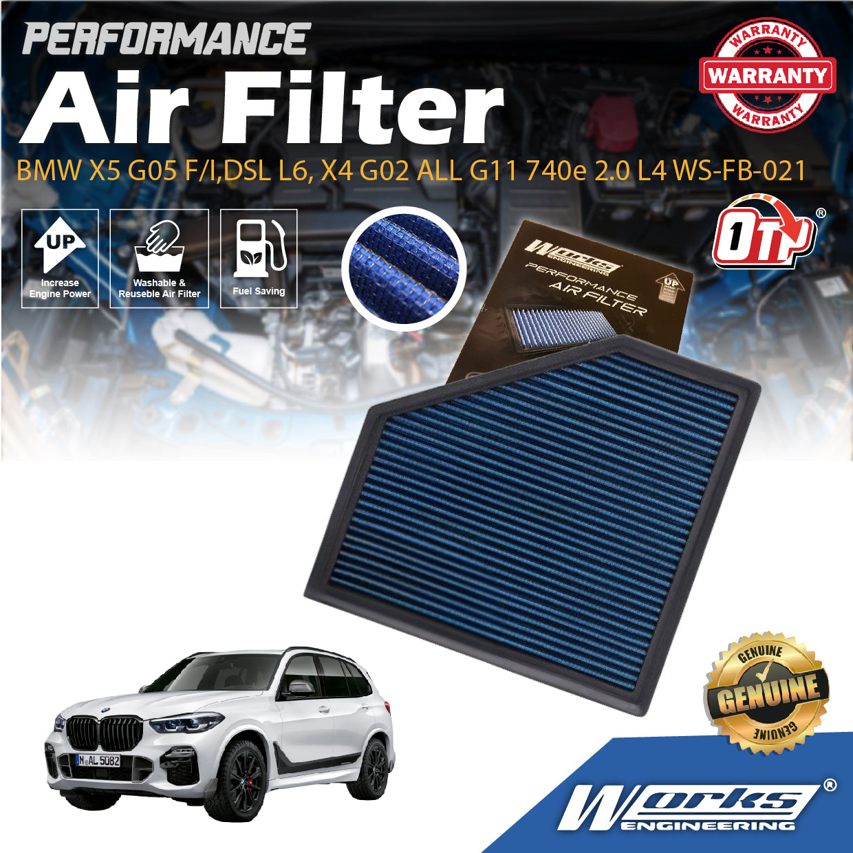 Works Engineering Air Filter Washable Fit For BMW X5 G05 F/I,DSL L6, X4 G02 ALL G11 740e 2.0 L4 WS-FB-021