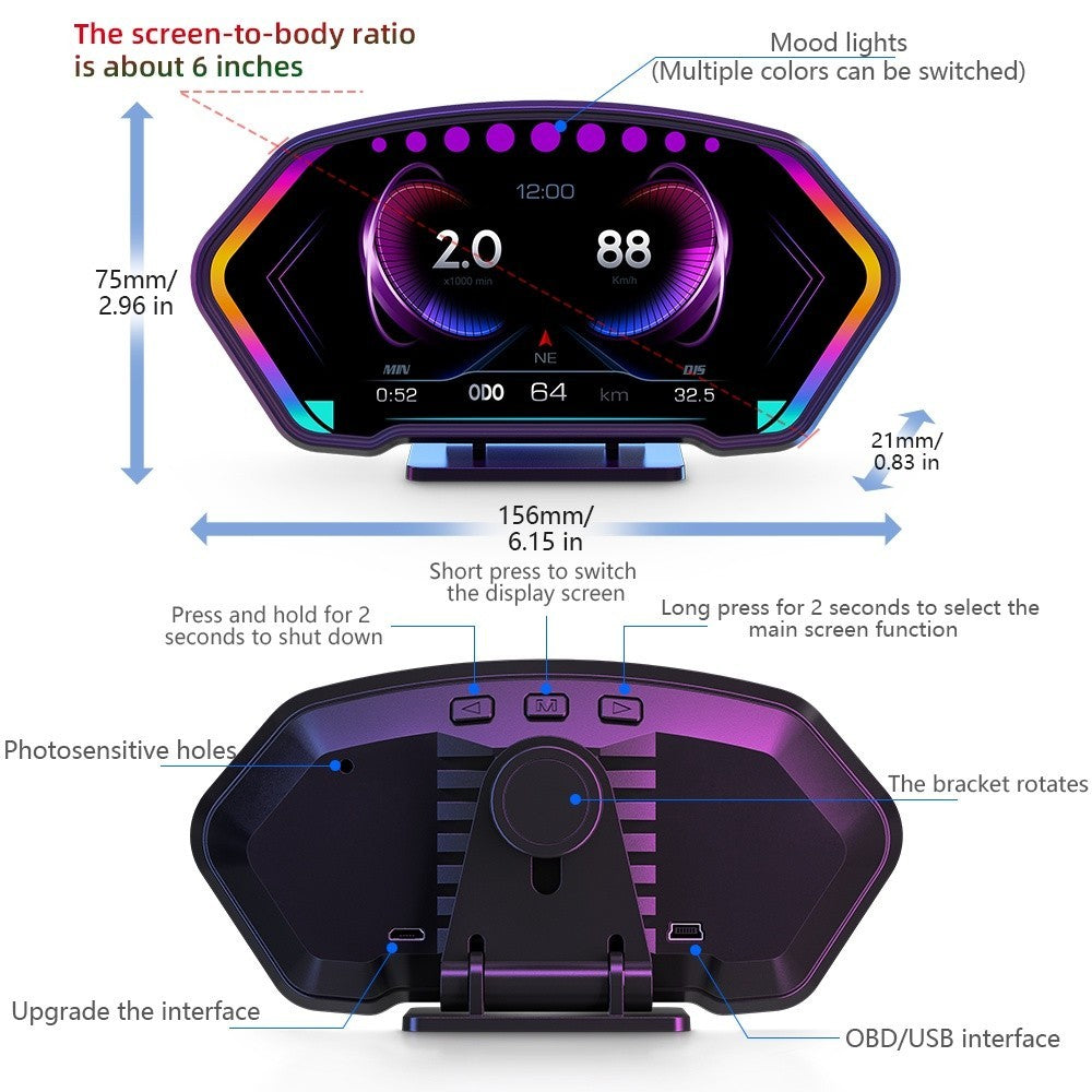 OTP-H024 P3 OBD2 Meter Gauge Meter Car GPS Alarm Speed Head-Up LCD display Water temp RPM Turbo Boost HUD engine status