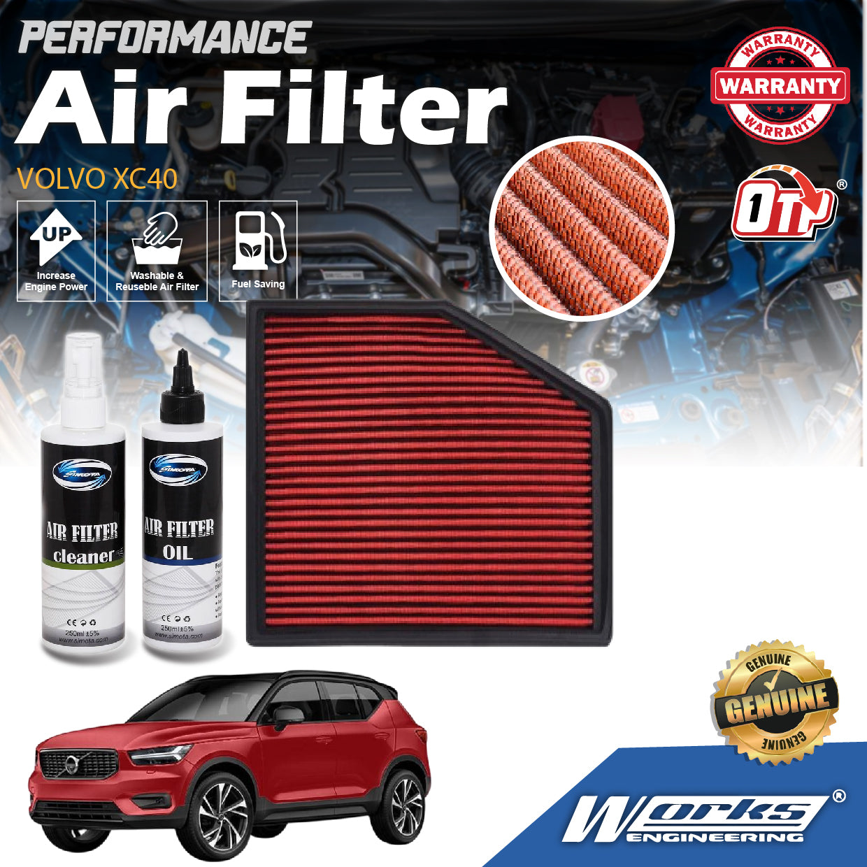 Works Engineering Air Filter Washable Suitable For Volvo XC40 1.5 L3 / 2.0 L4 2018-2019 WS-FV-018 (R
