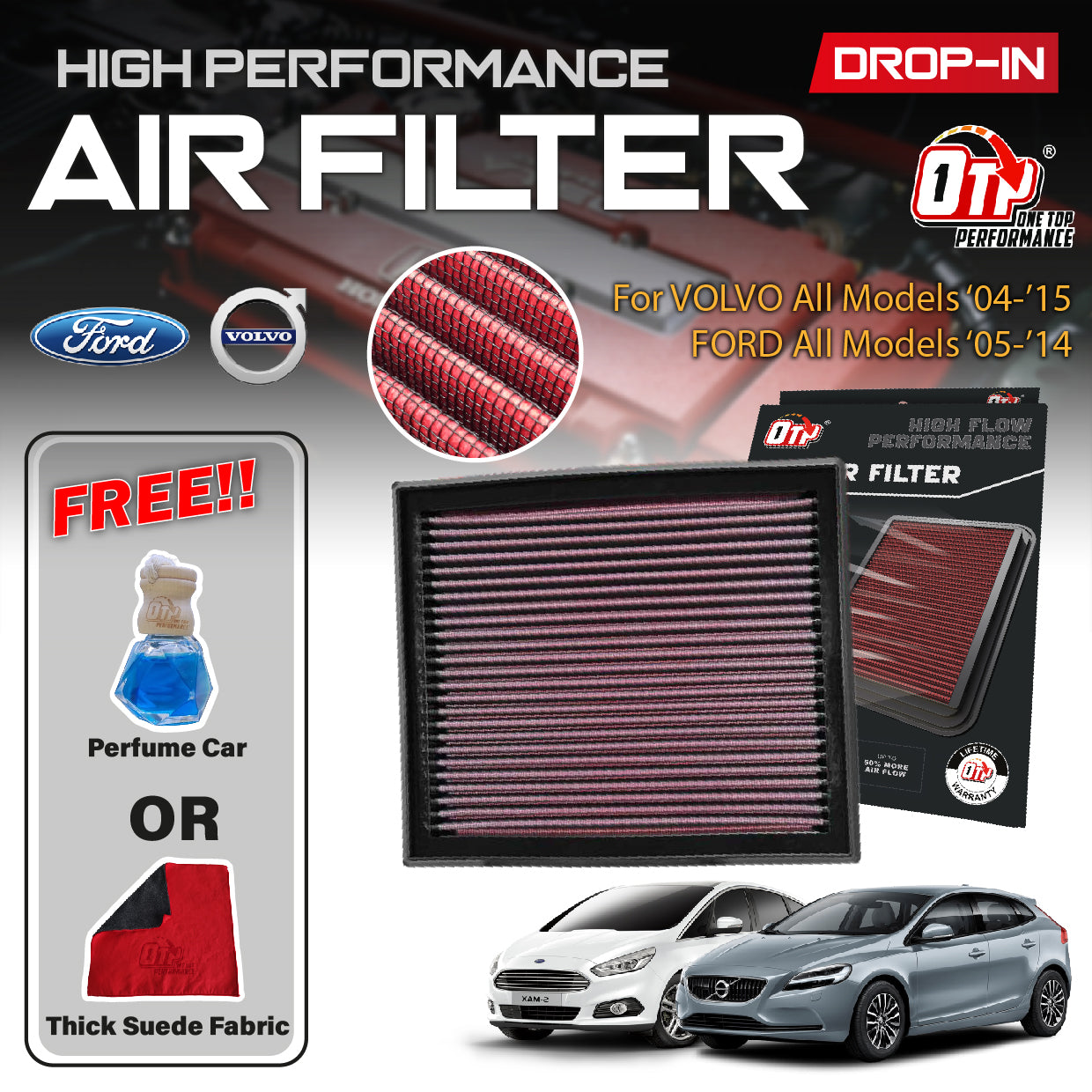 OTP WASHABLE DROP IN ENGINE AIR FILTER VOLVO V40 S60 S40 FORD KUGA FOCUS MONDEO 05-15 PERFORMANCE Element Enjin